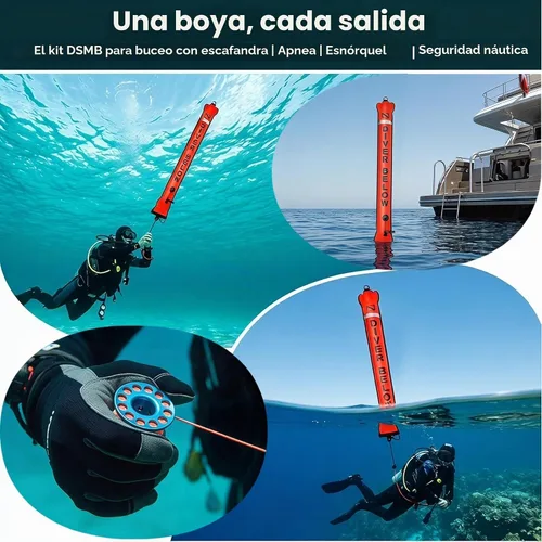 Vista 6 de DSMB Surface Marker Buoy with 100ft Finger Spool Reel Diver Below Signal Flag Tube Scuba Diving Equipment Open Bottom Set
