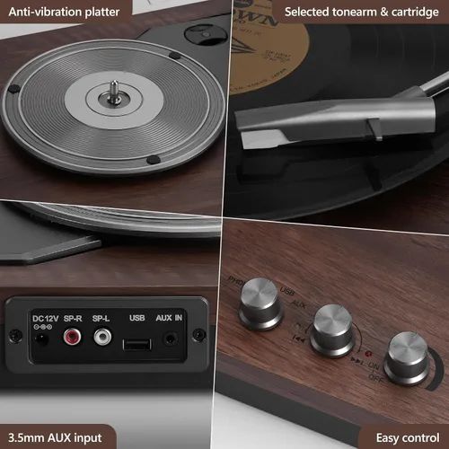 Vista 5 de Tocadiscos, tocadiscos de 3 velocidades con dos altavoces externos de 15 W, entrada Bluetooth, entrada auxiliar, reproducción USB y grabación