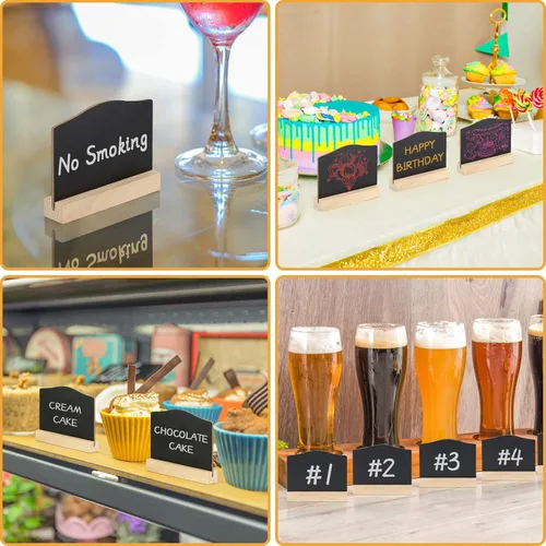 Vista 7 de Mini letreros de pizarra con soporte, paquete de 16 pizarras de madera reutilizables para mesa de 4 x 3 pulgadas, letreros de comida para bufé