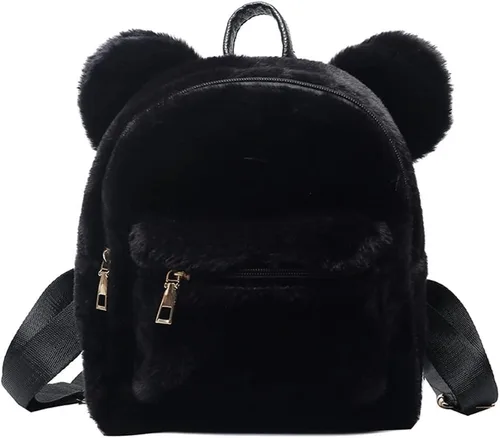 Linda mochila con orejas de oso mullidas, estilo kawaii, suave, esponjosa, casual, mini bolso de hombro para niñas (negro)