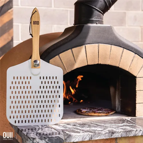 Vista 5 de Pala de Pizza Perforada de 12 x 14 Pulgadas. - Espátula de Metal de Aluminio para Parrilla con Mango Plegable. Accesorios y Herramientas para Horno