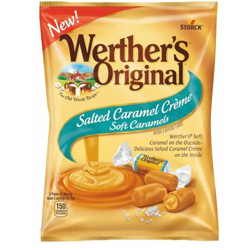Vista 3 de Werther's Original Salted Caramel Creme and Vanilla Creme Soft Caramels, Individually Wrapped Chewy Soft Center Candy, Pack of 2 with Reusable Food