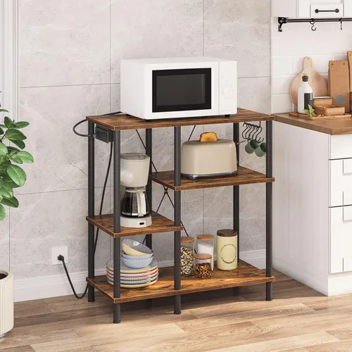 Vista 5 de HOOBRO Estante para panaderos con toma de corriente, soporte para microondas con 5 ganchos en forma de S, barra de café, estante de almacenamiento