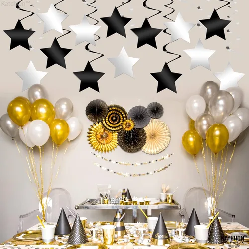 Vista 8 de KatchOn, Remolinos colgantes de estrellas negras y plateadas, paquete de 32, decoraciones de techo de estrella para cumpleaños, espirales