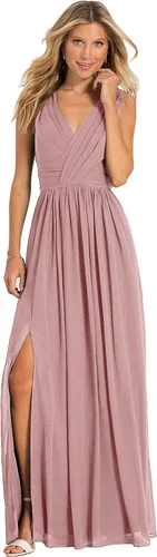 Vestido de dama de honor con cuello en V para mujer, de gasa, plisado, vestido de noche formal con abertura