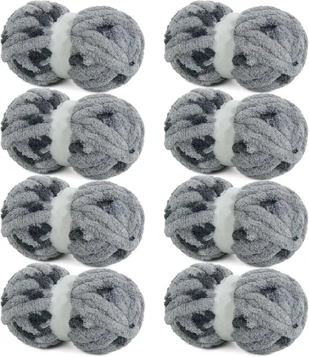 HOMBYS Hilo gigante súper voluminoso, felpilla gruesa para tejer a mano y brazos, ganchillo, hilo esponjoso y grueso, 8 madejas jumbo, color gris