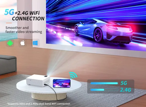 Vista 3 de Mini proyector con WiFi 5G y Bluetooth, Alvar 15000L 450 ANSI Native 1080P Proyector portátil compatible con 4K, proyector de películas al aire