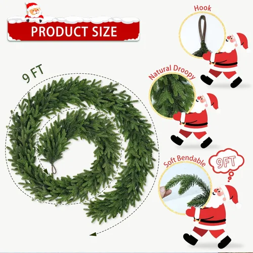 Vista 4 de Guirnalda de Navidad de 9 pies para barandilla de escalera, suave, flexible, realista, cedro artificial, pino, invierno, verde, guirnalda de Navidad