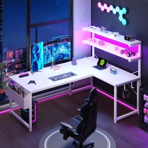 Vista 9 de DurayLoly - Escritorio para computadora en forma de L con luz LED y toma de corriente, escritorio reversible en forma de L de 43.3 pulgadas