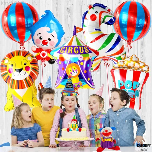 Vista 8 de Globos de circo para decoraciones de circo, paquete de 7 con pancarta de bienvenida al carnaval, grande, 120 x 20 pulgadas, letreros de carnaval