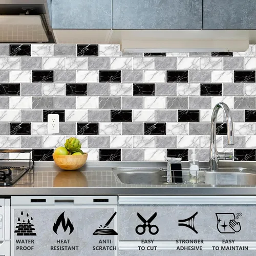 Vista 3 de URCOLOR 10 hojas de vinilo adhesivo para salpicaduras en cocina, 12 x 12 pulgadas, autoadhesivo para salpicaduras en baño, aspecto de mármol negro