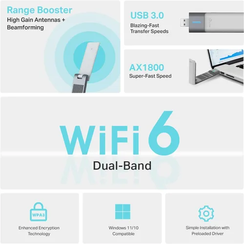 Vista 2 de TP-Link AX1800 WiFi 6 Adaptador USB para PC de escritorio (Archer TX21UH) Adaptador de red inalámbrico con 2.4GHz, 5GHz, MU-MIMO, OFDMA, antena