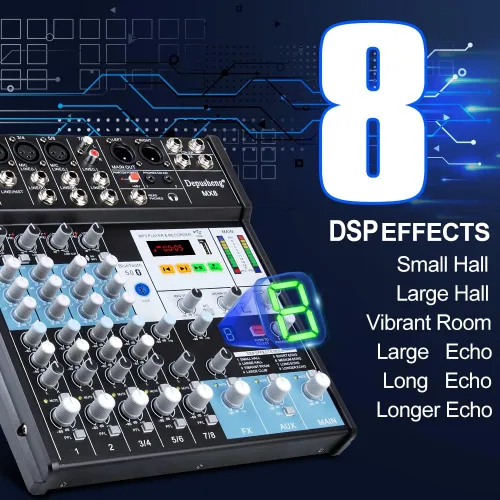 Vista 4 de Mezclador de audio profesional, consola de tablero de sonido, controlador de DJ de 8 canales, mezclador de sonido con efecto 8-DSP, interfaz