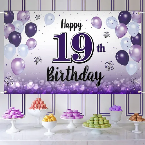 Vista 14 de Decoraciones de feliz cumpleaños número 10, cartel grande de globo morado para cumpleaños número 10, suministros para fiesta de cumpleaños de 10