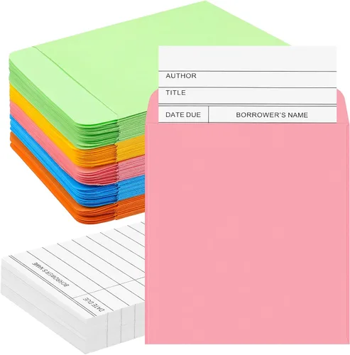 Vista 8 de 200 sobres de bolsillo para biblioteca y tarjetas para libros, incluyen 100 sobres de bolsillo autoadhesivos y 100 suministros de biblioteca
