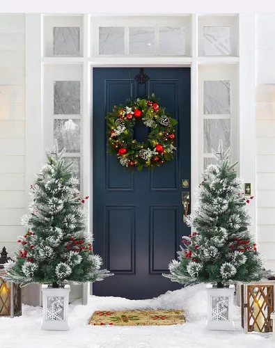 Vista 4 de Árbol de Navidad artificial preiluminado de 3 pies, árbol de Navidad de nieve flocada premium con LED blanco cálido, mini árbol de Navidad Base