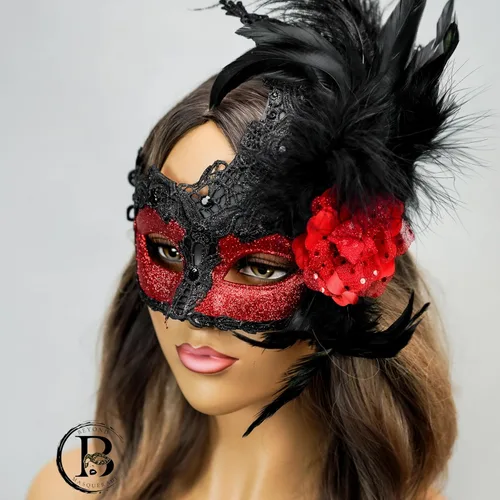 Vista 5 de Máscara de plumas burlesque, máscara de encaje de Mardi Gras para mujer, disfraz de plumas de pavo real, máscara de brocado veneciano