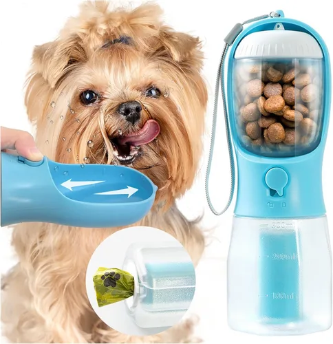 Botella de agua portátil para perros pequeños, dispensador de cuencos de viaje 3 en 1 para mascotas con contenedor de alimentos y soporte para bolsa