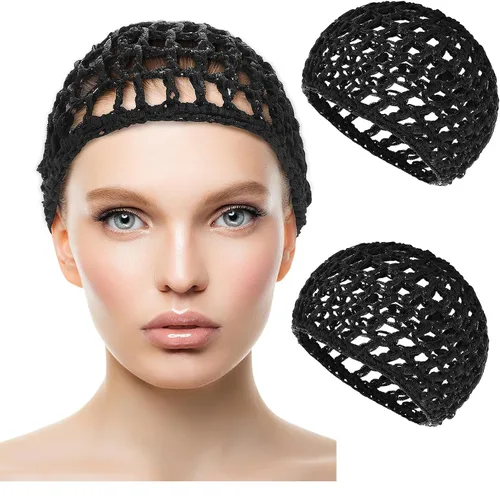 Vista 3 de Paquete de 5 gorras de malla de ganchillo de punto de rayón para el cuello recortadas para mujer, gorras de noche de ganchillo (negro)