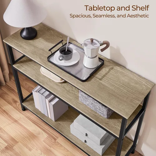 Vista 5 de Yaheetech Mesa de entrada con estantes de almacenamiento, mesa consola de 40 pulgadas con marco de metal, madera detrás del sofá, mesas para Gris