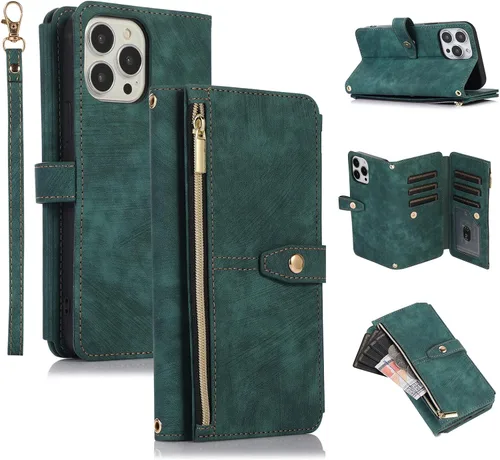 Vista 23 de UEEBAI Funda tipo cartera para iPhone 12 Mini de 5.4 pulgadas, retro 9 ranuras para tarjetero, bolsillo con cremallera, cierre magnético, función