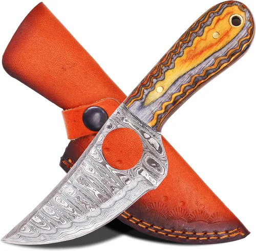 Ancilla - Cuchillo de caza de Damasco hecho a mano para EDC, camping, venado, cuchillo de bolsillo mini con tanga completa, hoja fija, estilo