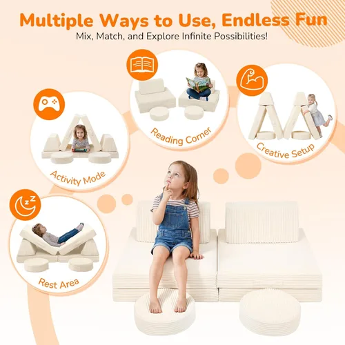 Vista 4 de MeMoreCool Sofá para Niños para Sala de Juegos, Sofá Convertible de Corduroy para Niños Pequeños, Sofá Modular de 8 Piezas para Juegos, Juego