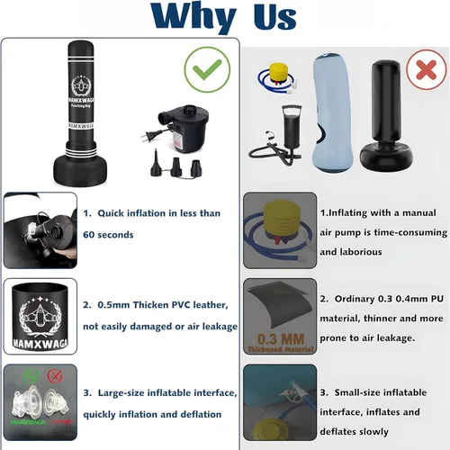 Vista 2 de Saco de boxeo de pie con soporte para adulto, bolsa de boxeo pesada independiente de 70 pulgadas con bomba de aire eléctrica, bolsas inflables