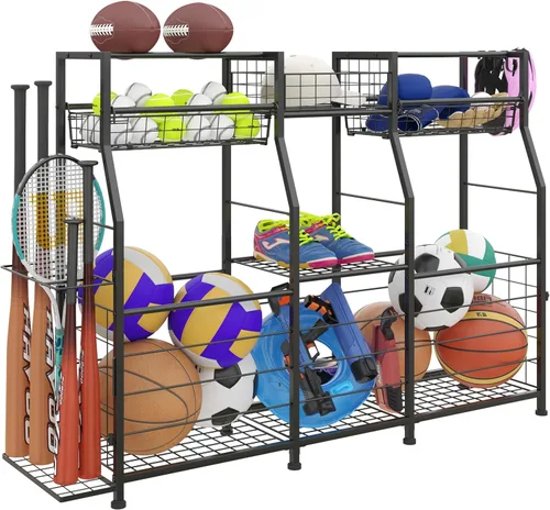 Vista 11 de Garage Sports Equipment Organizer with Wheels - Ball Storage Rack with Elastic Rope or Wire Mesh,Garage Organizer System,Indoor/Outdoor Sports Rack