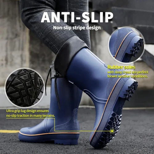 Vista 3 de Botas de lluvia para hombre, botas de goma impermeables para hombre con diseño único de PVC, cómodas y ligeras, botas de jardín resistentes