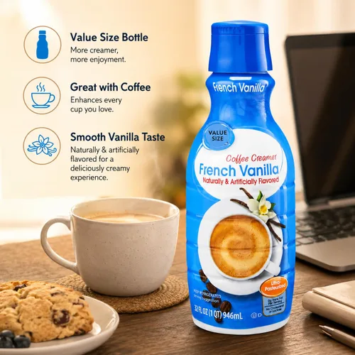 Vista 5 de Crema de café de vainilla francesa, botella de 32 onzas líquidas, crema de café líquida dulce y cremosa con café D.A. Coffee Bean (vainilla francesa)