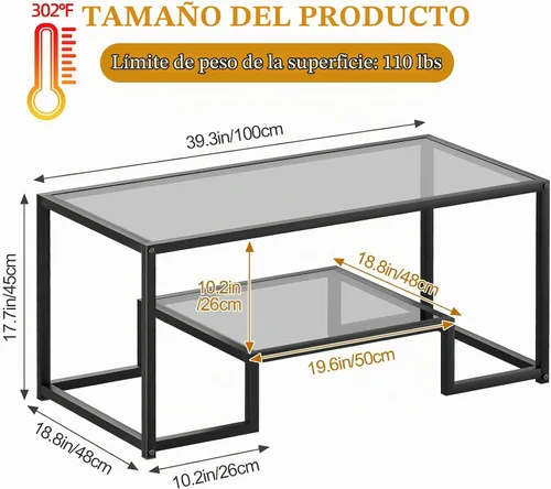 Vista 2 de Wolawu Mesa de Café de Cristal Gris Mesa de Café para Sala de Estar, Mesa Central Rectangular de 2 Niveles con Marco de Metal Resistente, Mesa
