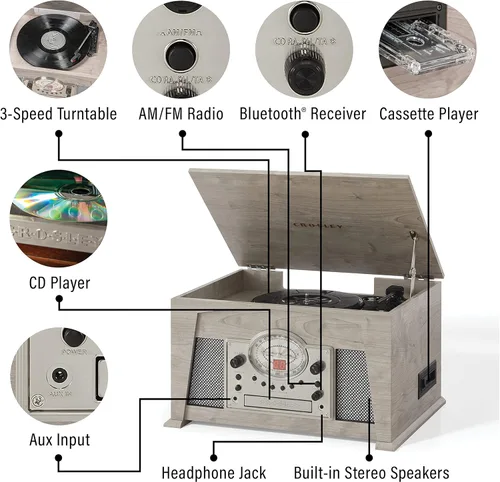 Vista 3 de Crosley CR7015A-GY Medley - Tocadiscos de vinilo de 3 velocidades con Bluetooth, radio AM/FM, reproductor de CD, cubierta de casete y entrada Gris
