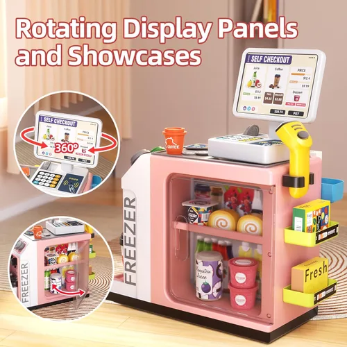 Vista 4 de Jovow Set de juguete de caja registradora de juego simulado de 48 piezas para niños con función de salida de agua - Calculadora, bolsa de compras