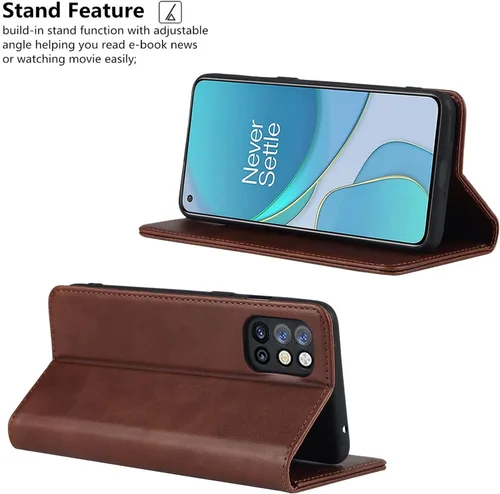 Vista 4 de iCoverCase Funda tipo cartera para OnePlus 8T con soporte para tarjeta de crédito, piel sintética magnética de alta calidad, función atril, función