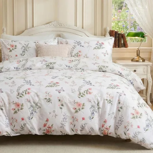Vista 24 de Funda de edredón 100% algodón tamaño Queen, diseño vintage con lujosas flores y hojas dibujadas en negro sobre crema, 3 piezas, funda de edredón
