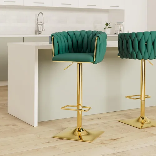 Vista 2 de Juego de 2 taburetes de bar giratorios de terciopelo, taburetes de bar ajustables y cómodos, silla de comedor moderna con respaldo tejido, taburetes