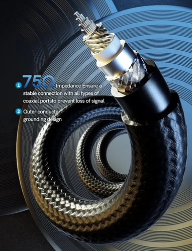 Vista 5 de VIOY Cable de audio digital coaxial (6.6 pies), [chapado en oro y trenzado], cable de subwoofer RCA macho a macho HiFi 5.1 SPDIF Cable de audio