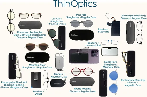 Vista 6 de ThinOptics Estuche para llavero y lentes de lectura rectangulares para lectores, Funda negra/marcos transparentes