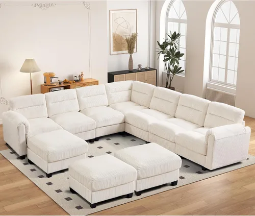 Vista 46 de HAOMARKETS Sofá esquinero modular en forma de L de 115 pulgadas con 2 otomanas móviles, sofás de pana de 8 plazas con cojín grueso para sala de Beige