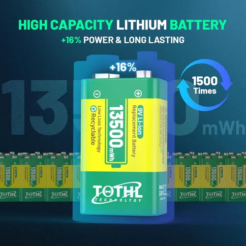 Vista 4 de Paquete de 4 baterías de 9 V para detector de humo, baterías recargables USB de 9 V – 13500 mWh de larga duración de iones de litio de 9 voltios
