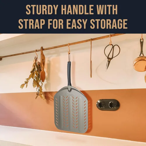 Vista 6 de Q Pizza Pala de pizza perforada de 14 pulgadas, antiadherente para torneado de pizza, accesorio para horno de pizza, espátula de metal extra grande