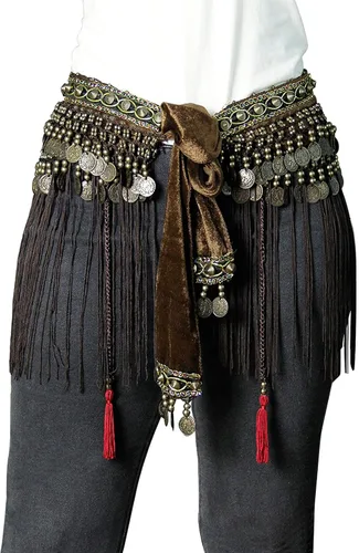 Bufanda de cadera para danza del vientre, monedas tribales con forma de onda, falda de cadera, cinturón de baile del vientre, borla con flecos,