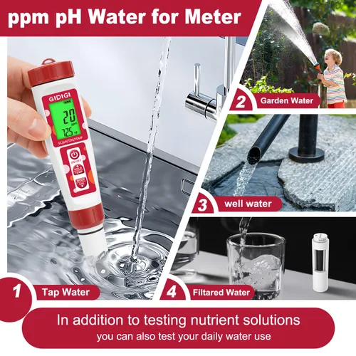 Vista 6 de Medidor de pH para agua, 4 en 1 EC PPM Probador de pH de temperatura para hidropónico, probador de agua TDS para agua potable, medidor de pH digital