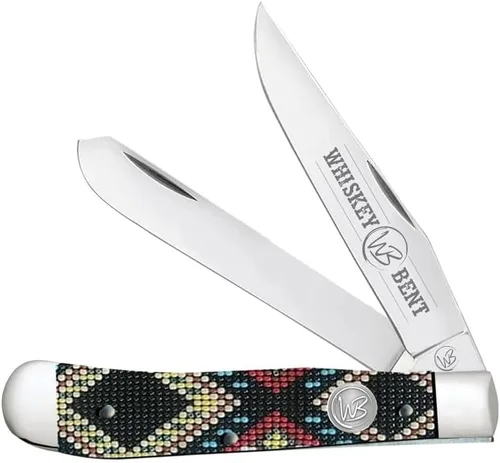 Vista 10 de WHISKEY BENT HAT CO. Navaja de bolsillo plegable tradicional Trapper de 4.125 pulgadas, longitud cerrada, cuchillas de acero inoxidable 440C (azteca)