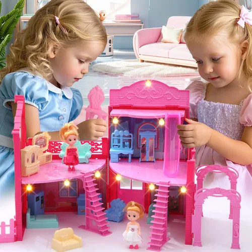 Vista 4 de Casa de muñecas, con 4 habitaciones, 2 muñecas, accesorios de muebles de juguete, área de juego para mascotas, tobogán, conjunto de casa de muñecas
