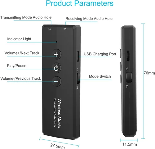 Vista 7 de Transmisor Bluetooth 5.3 actualizado 2026 3 en 1, adaptador de transceptor recargable inalámbrico portátil para TV PC, receptor de audio estéreo