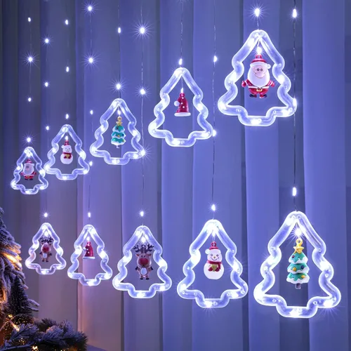 Vista 13 de BLOOMWIN Luces de Ventana de Navidad Decoraciones de Ventana Navideñas Iluminadas - Luz de Anillo en Forma de Árbol con Luz de Cortina de Ornamento