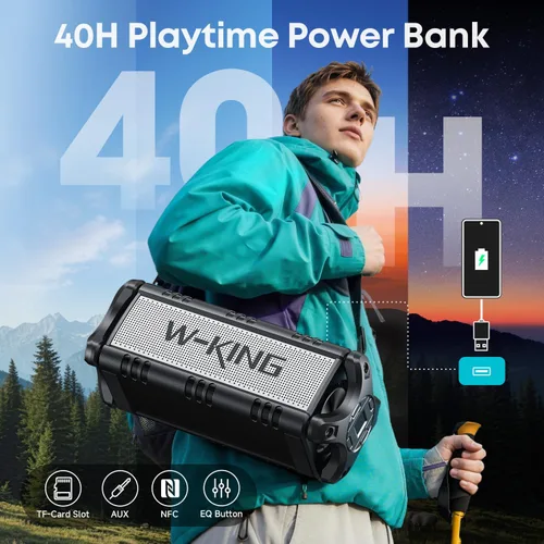 Vista 5 de W-KING Altavoz Bluetooth de 90 W máx., altavoces inalámbricos portátiles IPX6 impermeables, altavoz Bluetooth para exteriores de 50 W con graves