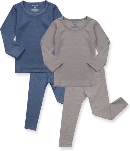 Vista 12 de AVAUMA Conjunto de pijama para bebés, niños y niñas, ajuste ceñido, con nervaduras, ropa de dormir para el estilo de vida diario Negro/Azul